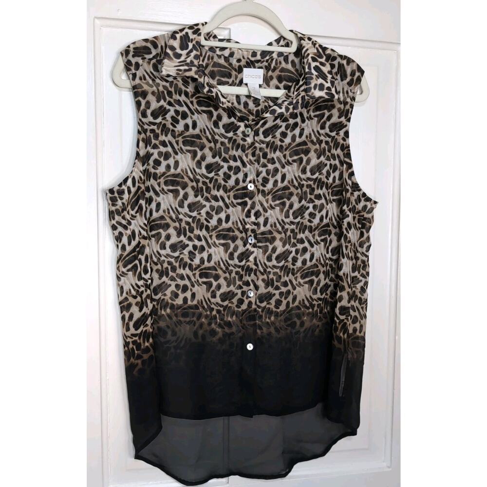 Chicos Animal Print Sheer Button Down Sleeveless Blouse Women's 2(L) (1164)
